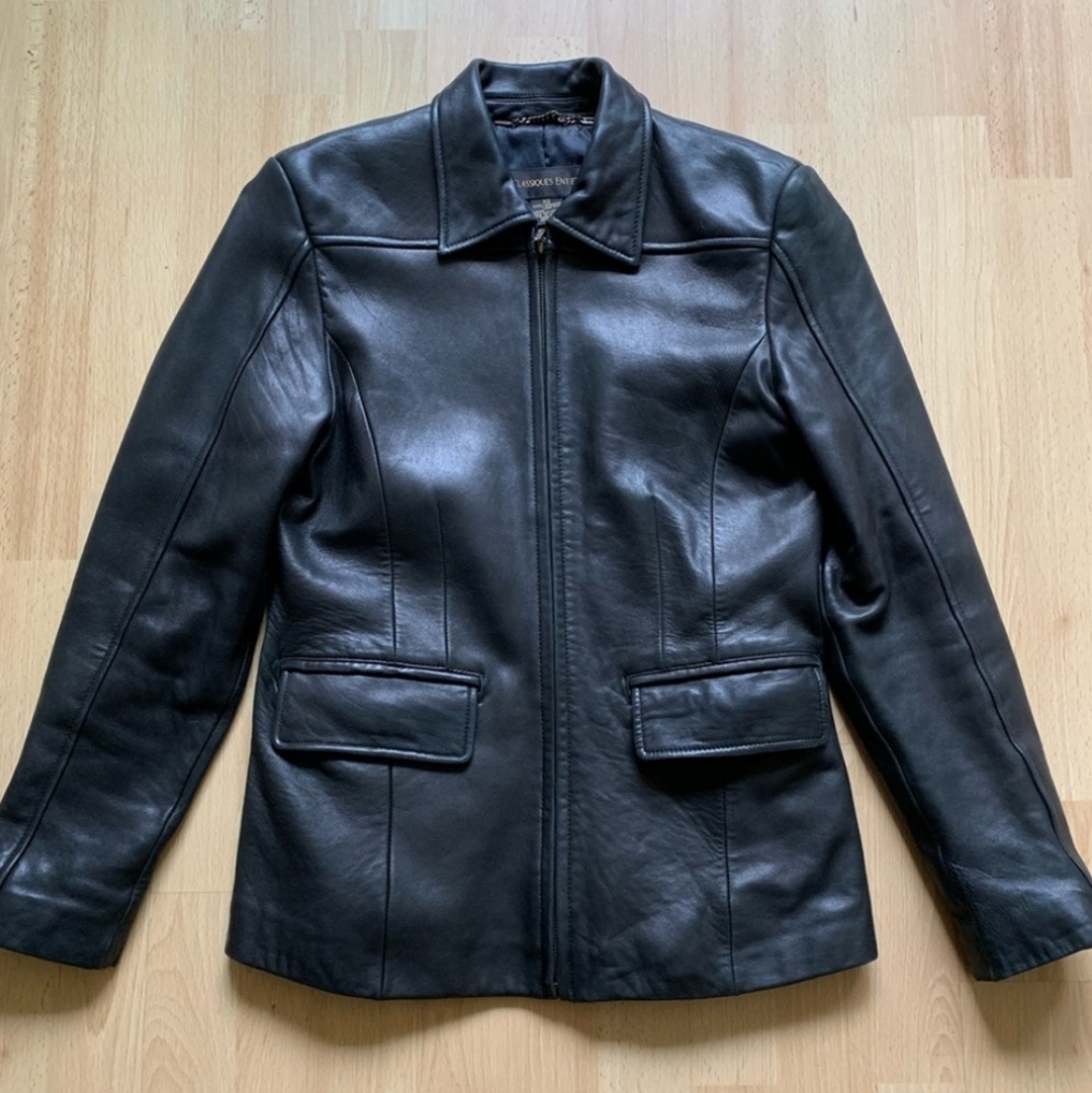black leather lamb skin jacket coat xs